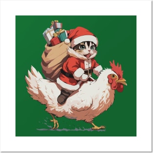 Christmas, Funny Cat on a Chicken - 2 Posters and Art